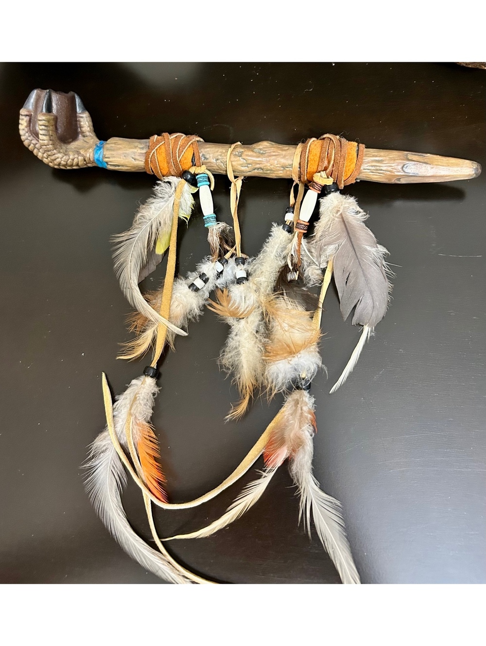 Vintage Native American Style Peace Pipe Replica Feather Beads Leather 11” Decor